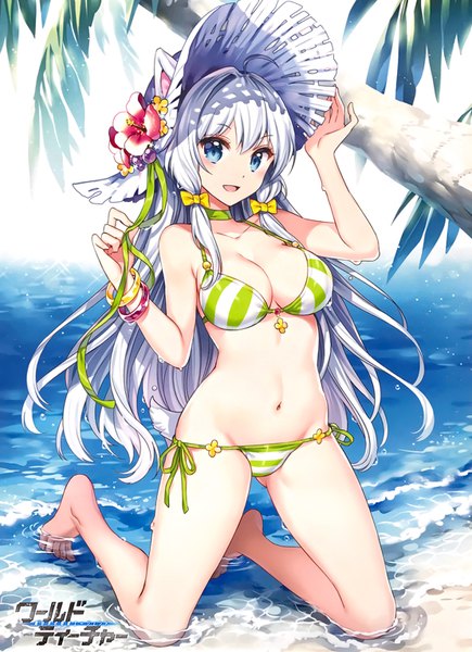 Anime picture 1110x1530 with world teacher -isekaishiki kyouiku agent- emilia (world teacher) nardack single long hair tall image looking at viewer fringe breasts open mouth blue eyes light erotic large breasts twintails holding animal ears cleavage full body ahoge outdoors