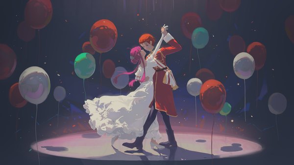 Anime picture 2000x1125 with sousou no frieren fern (sousou no frieren) stark (sousou no frieren) hano 1219 long hair highres short hair wide image purple hair full body red hair scar dancing girl dress boy white dress balloon