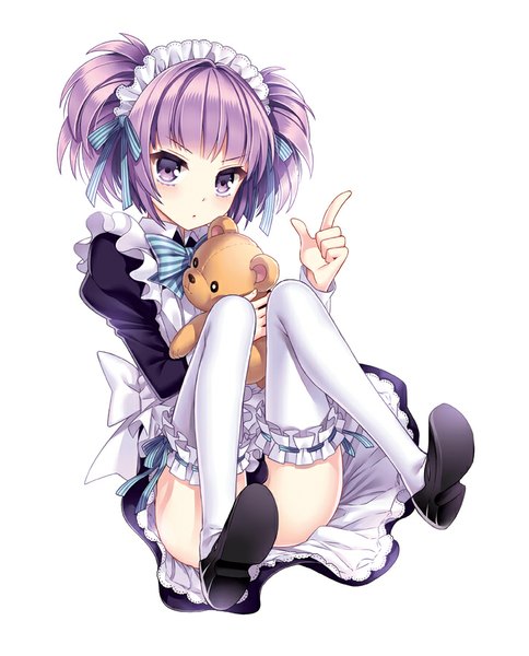 Anime picture 726x900 with kanojo ni mimi to shippo ga tsuiteru riyuu wo setsumei dekinai nardack single tall image short hair light erotic white background purple eyes purple hair maid legs girl thighhighs dress uniform white thighhighs frills headdress maid headdress toy