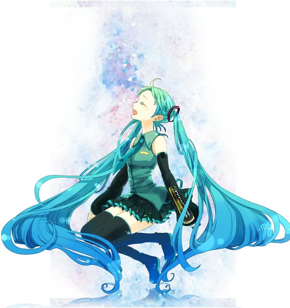 Anime picture 1024x1084 with vocaloid hatsune miku popoin single long hair tall image open mouth twintails bare shoulders ahoge eyes closed very long hair aqua hair singing girl thighhighs skirt black thighhighs detached sleeves necktie