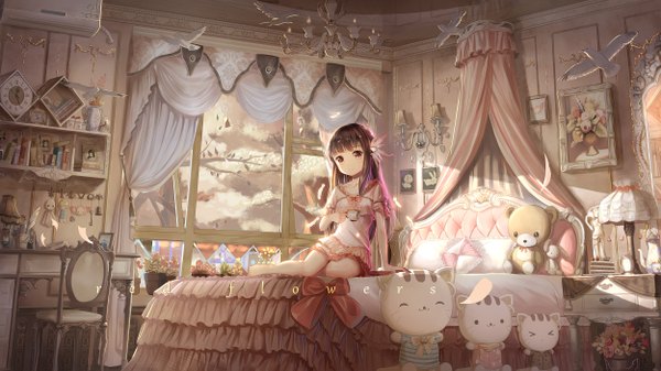 Anime picture 2500x1407 with red flowers single long hair looking at viewer fringe highres wide image sitting holding brown eyes signed sky cloud (clouds) bent knee (knees) indoors blunt bangs barefoot sunlight inscription shadow