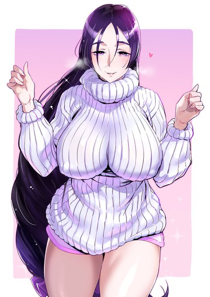 Anime picture 1450x2047 with fate (series) fate/grand order minamoto no raikou (fate) ikuchan kaoru single tall image breasts light erotic purple eyes purple hair very long hair sparkle huge breasts covered nipples exhalation purple background girl shorts short shorts sweater