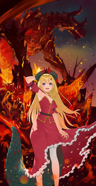 Anime picture 1500x2900 with isekai nonbiri nouka lastismun e ga ku single long hair tall image looking at viewer blush fringe breasts open mouth blue eyes blonde hair smile hair between eyes outdoors tail :d arm up horn (horns)