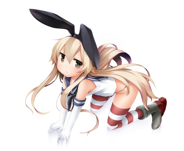 Anime picture 2000x1642 with kantai collection shimakaze destroyer moegi nenene single long hair looking at viewer highres light erotic blonde hair white background brown eyes girl thighhighs gloves bow hair bow elbow gloves boots white gloves striped thighhighs