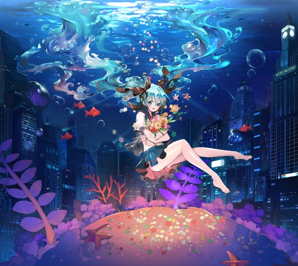 Anime picture 900x804 with vocaloid hatsune miku bottle miku repi987 single looking at viewer blush blue eyes twintails barefoot aqua hair bare legs city underwater liquid hair girl skirt uniform flower (flowers) ribbon (ribbons)