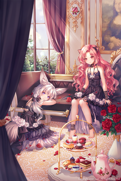 Anime picture 1000x1489 with blade & soul iyar long hair tall image looking at viewer blush fringe smile red eyes sitting purple eyes multiple girls animal ears pink hair silver hair full body indoors tail animal tail fox ears