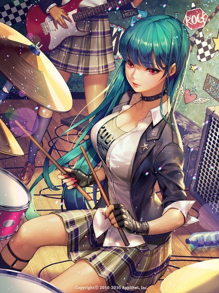 Anime picture 1500x2000 with furyou michi ~gang road~ soo kyung oh long hair tall image fringe breasts red eyes large breasts standing sitting multiple girls blunt bangs nail polish fingernails green hair from above lips mole open shirt mole under eye