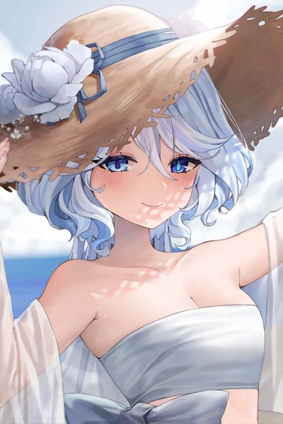Anime picture 2731x4096 with genshin impact furina (genshin impact) ueng single long hair tall image looking at viewer blush highres breasts blue eyes smile standing bare shoulders blue hair sky cloud (clouds) upper body outdoors white hair