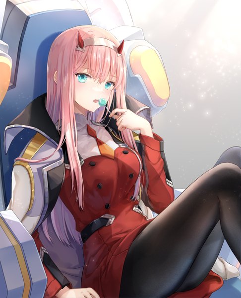 Anime picture 2009x2482 with darling in the franxx studio trigger zero two (darling in the franxx) luli ovo single long hair tall image highres open mouth sitting pink hair horn (horns) aqua eyes clothes on shoulders girl pantyhose food sweets black pantyhose headband