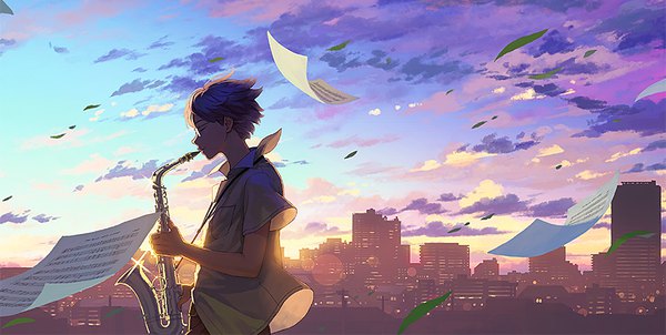 Anime picture 900x454 with original kaze ni kou hiko (scape) single short hair wide image blue hair sky cloud (clouds) upper body outdoors eyes closed profile sparkle city evening sunset cityscape cover cover page