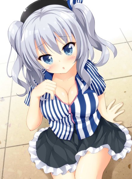 Anime picture 752x1019 with kantai collection lawson kashima training cruiser maccha single long hair tall image looking at viewer blush breasts open mouth blue eyes light erotic cleavage grey hair girl skirt shirt
