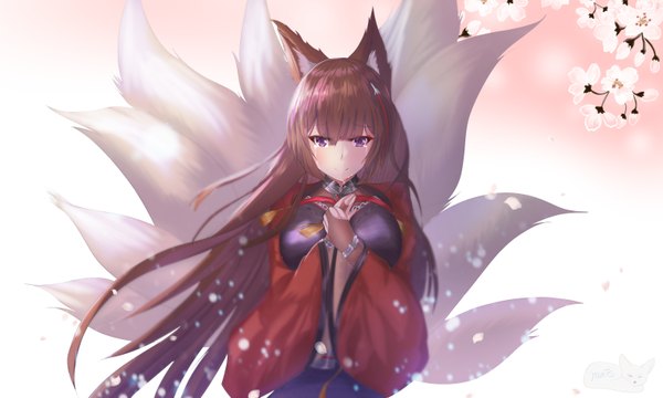 Anime picture 3125x1875 with azur lane amagi (azur lane) al ryude single long hair looking at viewer fringe highres simple background hair between eyes brown hair wide image standing purple eyes animal ears tail blunt bangs traditional clothes japanese clothes animal tail