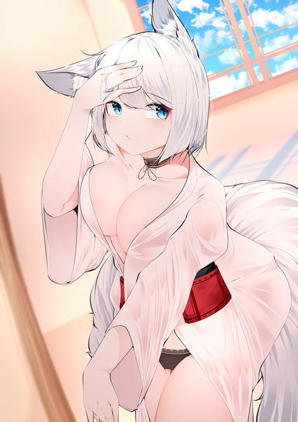 Anime picture 2544x3600 with azur lane kaga (azur lane) samip single tall image looking at viewer fringe highres short hair breasts blue eyes light erotic large breasts standing animal ears sky cleavage silver hair cloud (clouds) indoors