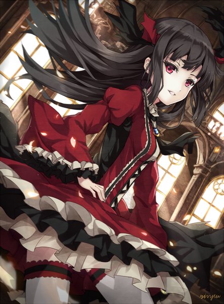 Anime picture 786x1064 with original rin yuu single long hair tall image looking at viewer fringe breasts black hair red eyes indoors blunt bangs parted lips wind scan wide sleeves dutch angle hieroglyph frilled dress wind lift