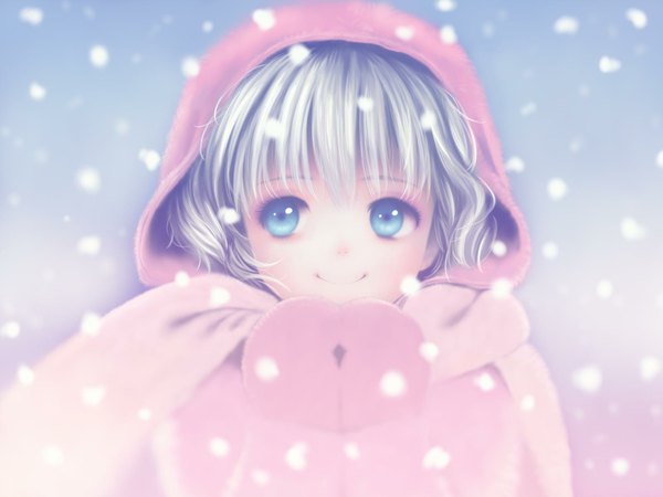 Anime picture 1600x1200 with rozen maiden hina ichigo toshi hiroshi highres short hair blue eyes blonde hair smile snowing winter hood mittens