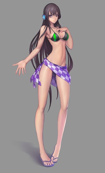 Anime picture 1409x2320 with original monkey (hitoha) single long hair tall image light erotic simple background brown hair brown eyes girl navel swimsuit bikini headphones sandals pareo