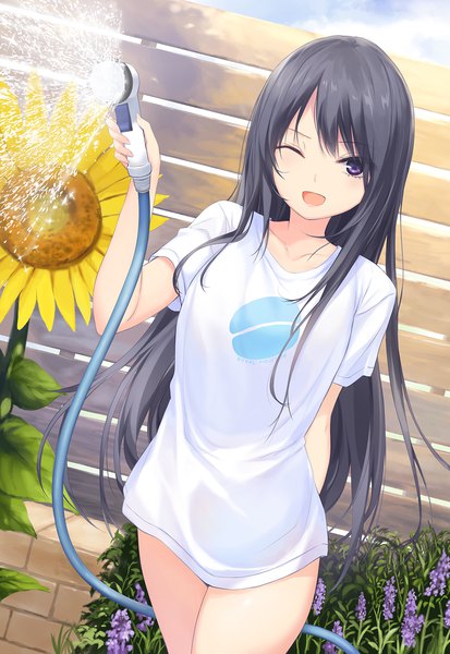 Anime picture 1378x2000 with original shiramine rika coffee-kizoku single long hair tall image looking at viewer fringe open mouth black hair smile standing purple eyes holding outdoors one eye closed arm up wink short sleeves thighs