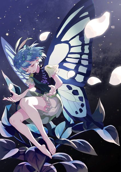 Anime picture 1240x1753 with touhou eternity larva shayuheisi single tall image short hair blue hair full body eyes closed barefoot night flying insect wings butterfly wings antennae girl dress plant (plants) petals wings