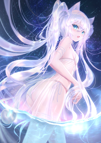 Anime picture 2508x3541 with original hou no ka single long hair tall image looking at viewer fringe highres open mouth blue eyes light erotic smile hair between eyes standing twintails animal ears silver hair tail :d animal tail