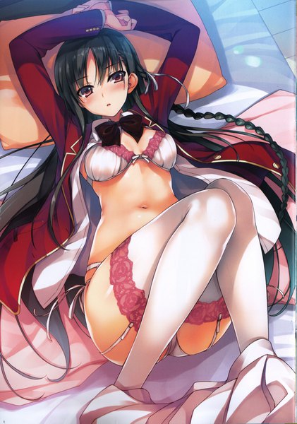 Anime-Bild 6912x9844 mit youkoso jitsuryoku shijou shugi no kyoushitsu e horikita suzune tomose shunsaku single long hair tall image blush highres light erotic black hair absurdres bent knee (knees) lying braid (braids) pink eyes scan open clothes arms up official art on back