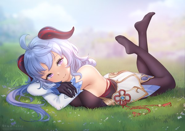 Anime picture 1200x845 with genshin impact ganyu (genshin impact) gigamessy single long hair looking at viewer blush fringe smile purple eyes bare shoulders signed payot blue hair full body ahoge bent knee (knees) outdoors lying horn (horns)