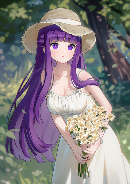 Anime picture 1228x1736 with sousou no frieren fern (sousou no frieren) nami (nyaa) single long hair tall image blush fringe breasts open mouth large breasts standing purple eyes bare shoulders looking away purple hair blunt bangs alternate costume girl dress