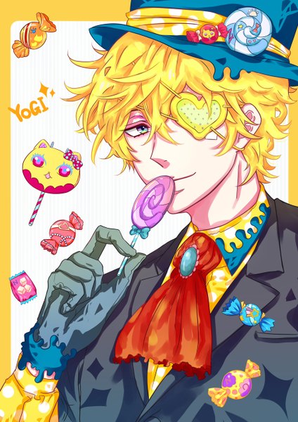 Anime picture 900x1273 with karneval yogi (karneval) fishchan single tall image looking at viewer fringe short hair blonde hair hair between eyes upper body character names portrait framed multicolored eyes boy gloves hat food heart
