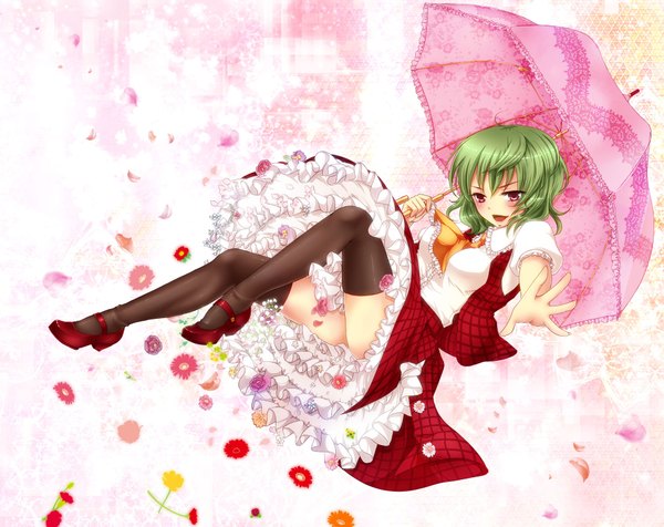 Anime picture 1900x1508 with touhou kazami yuuka geike highres light erotic red eyes green hair girl thighhighs dress skirt black thighhighs umbrella skirt set