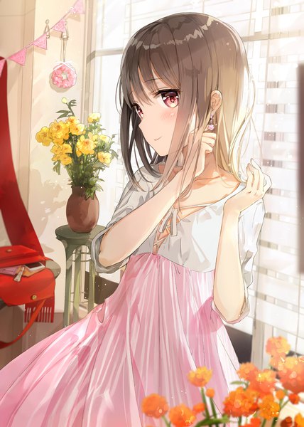 Anime picture 642x900 with original fuumi (radial engine) single long hair tall image looking at viewer blush fringe smile hair between eyes red eyes brown hair indoors sunlight girl dress flower (flowers) earrings window scrunchie