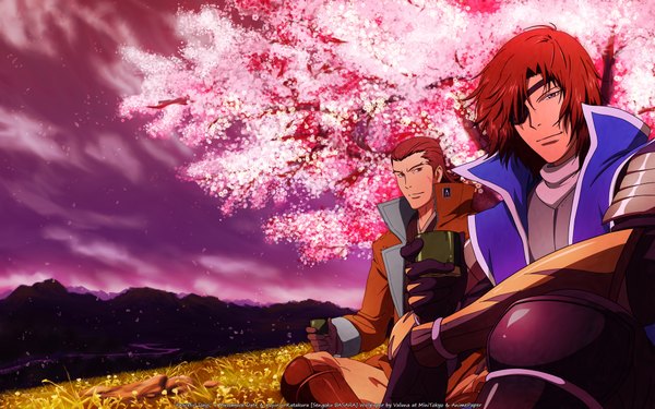 Anime picture 1920x1200 with sengoku basara production i.g date masamune katakura kojuurou highres short hair smile wide image sitting brown eyes cloud (clouds) open clothes night sky cherry blossoms scar landscape drinking twilight boy gloves