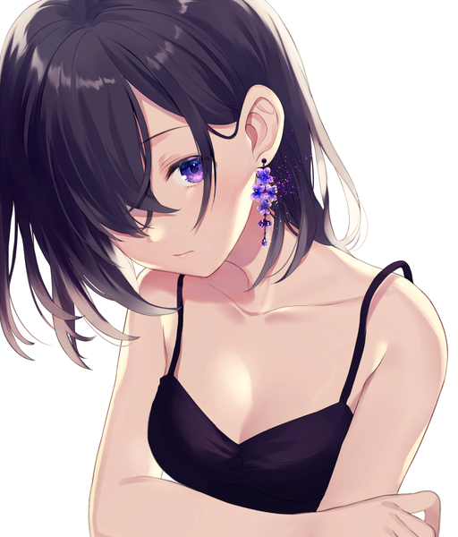 Anime picture 769x900 with original achiki single long hair tall image looking at viewer blush fringe breasts black hair simple background white background purple eyes cleavage upper body head tilt hair over one eye crossed arms strap gap girl