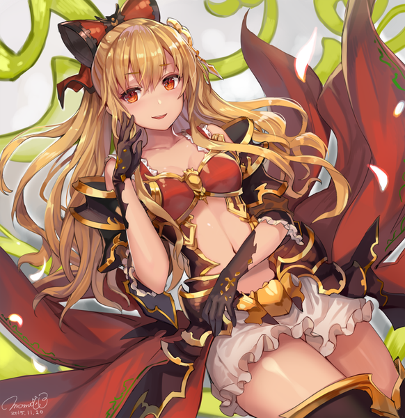 Anime picture 900x928 with granblue fantasy vira lilie momoko (momopoco) single long hair tall image looking at viewer fringe blonde hair smile red eyes signed parted lips bare belly dated frilly skirt hand on cheek girl skirt gloves