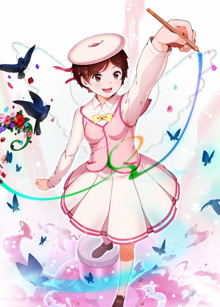 Anime picture 1220x1700 with original eventh7 single tall image blush short hair open mouth smile brown hair orange eyes girl animal shoes headdress bird (birds) pencil