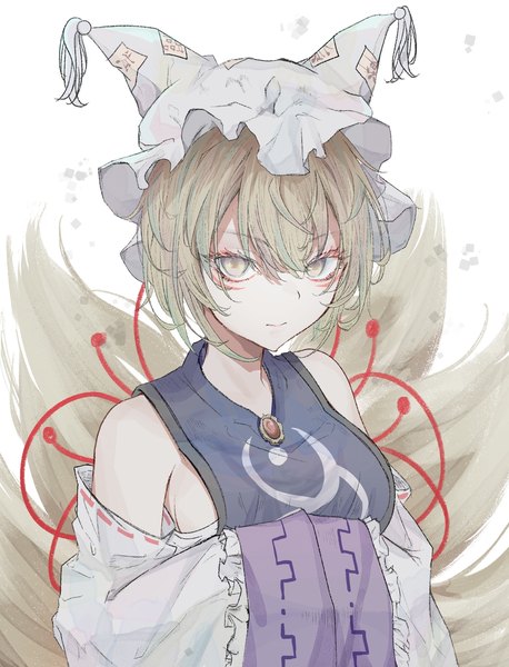 Anime picture 1480x1940 with touhou yakumo ran hegata (hegatia lapis) single tall image looking at viewer fringe short hair simple background blonde hair hair between eyes white background yellow eyes upper body tail animal tail fox tail fox girl multiple tails hands in sleeves