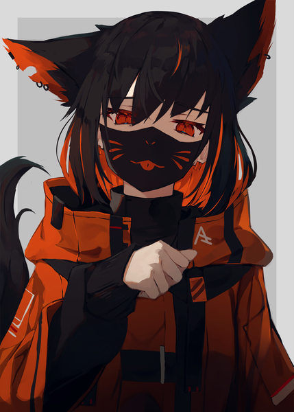 Anime picture 907x1268 with original nagishiro mito single tall image looking at viewer fringe short hair black hair simple background hair between eyes red eyes animal ears upper body red hair tail long sleeves head tilt animal tail multicolored hair grey background