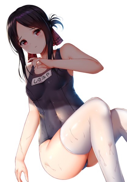 Anime picture 1720x2476 with kaguya-sama wa kokurasetai ~tensai-tachi no renai zunousen~ a-1 pictures shinomiya kaguya wsman single tall image looking at viewer blush fringe highres short hair breasts light erotic black hair simple background red eyes white background sitting bare shoulders payot