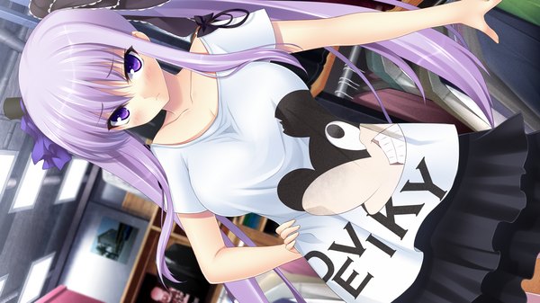 Anime picture 1280x720 with chuning lover tougetsuin aisu koso single long hair blush wide image twintails purple eyes game cg purple hair clothes writing girl skirt bow hair bow hat miniskirt t-shirt