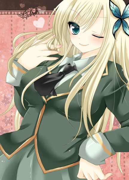 Anime picture 1300x1806 with boku wa tomodachi ga sukunai kashiwazaki sena honeylip single long hair tall image blue eyes blonde hair smile one eye closed wink girl uniform hair ornament school uniform butterfly hair ornament