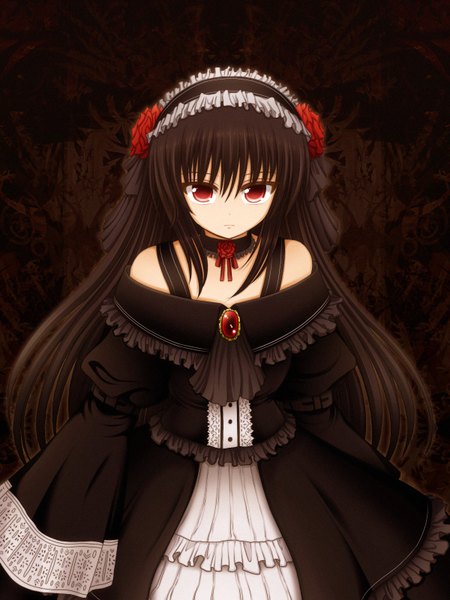 Anime picture 1200x1600 with original mazakura senju single long hair tall image looking at viewer black hair red eyes bare shoulders dark background girl dress headdress