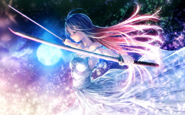 Anime picture 1920x1200 with original rezi single long hair highres blue eyes holding blue hair looking away profile multicolored hair dual wielding girl dress weapon sword katana moon sundress