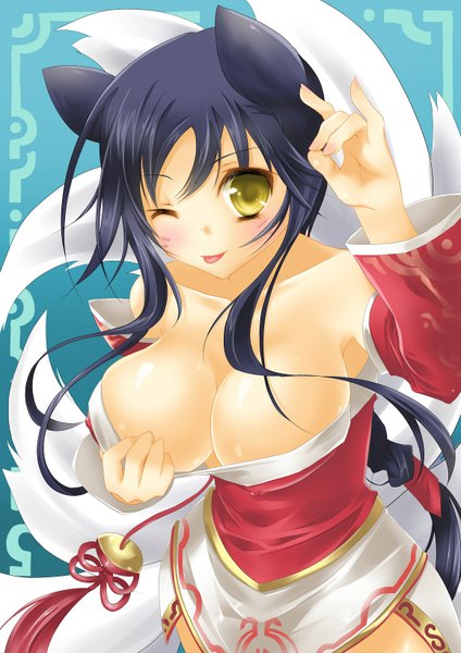 Anime picture 1158x1637 with league of legends ahri (league of legends) tokiko (pixiv-id423263) single long hair tall image looking at viewer blush breasts light erotic large breasts bare shoulders animal ears yellow eyes blue hair japanese clothes one eye closed wink multiple tails girl