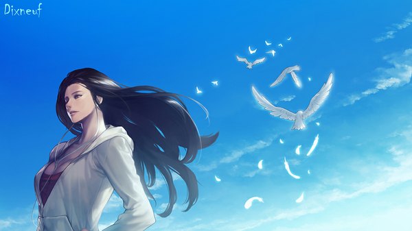 Anime picture 1000x563 with original eirashard single long hair open mouth black hair wide image purple eyes signed looking away sky cleavage cloud (clouds) light smile lips flying girl animal bird (birds) hood