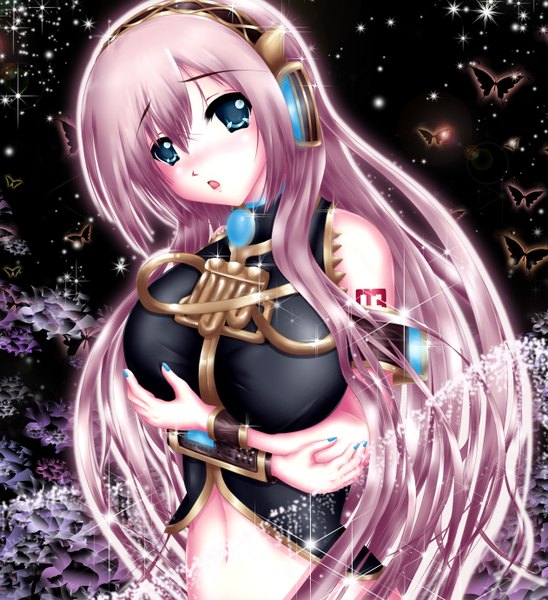 Anime picture 1262x1380 with vocaloid megurine luka nohoho (kakikonchi) single long hair tall image blush breasts open mouth blue eyes light erotic large breasts pink hair midriff crossed arms girl navel headphones insect butterfly
