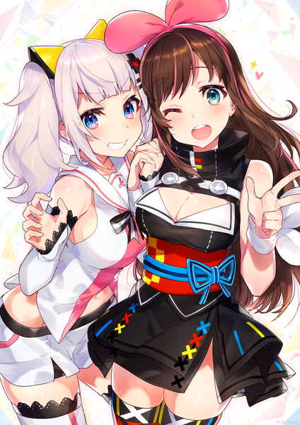 Anime picture 919x1300 with virtual youtuber a.i. channel the moon studio kizuna ai kaguya luna mika pikazo long hair tall image looking at viewer blush fringe breasts open mouth blue eyes simple background smile hair between eyes brown hair large breasts white background