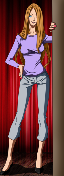 Anime picture 1000x2727 with dogs: bullets & carnage david production tagme (character) flowerinhell single long hair tall image looking at viewer open mouth blue eyes smile standing nail polish orange hair shadow midriff hand on hip floor girl curtains