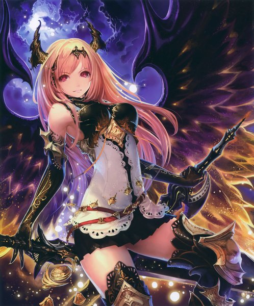 Anime picture 4507x5425 with shingeki no bahamut dark angel olivia tachikawa mushimaro (bimo) single long hair tall image fringe highres breasts open mouth blonde hair smile red eyes bare shoulders holding looking away absurdres cloud (clouds) pleated skirt horn (horns)