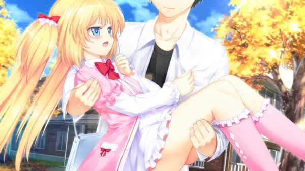 Anime picture 1024x576 with soshite kirameku otome to himitsu long hair blush open mouth blue eyes blonde hair wide image twintails game cg loli girl dress boy bow plant (plants) hair bow tree (trees) socks bowtie