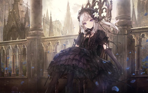 Anime picture 2105x1323 with original missle228 single long hair looking at viewer highres sitting purple eyes sky cloud (clouds) outdoors wind grey hair short sleeves frilled dress lacing lolita fashion goth-loli architecture gothic
