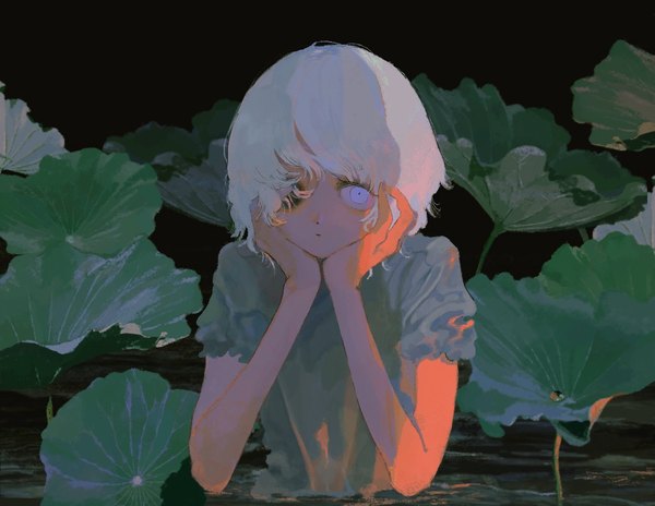 Anime picture 1200x927 with original azigashimitoru single fringe short hair upper body white hair hair over one eye partially submerged silver eyes head rest girl plant (plants) lotus