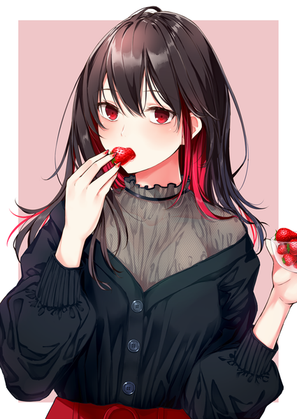 Anime picture 1800x2542 with original dabadhi single long hair tall image looking at viewer blush fringe highres open mouth simple background hair between eyes red eyes brown hair standing holding red hair long sleeves nail polish multicolored hair